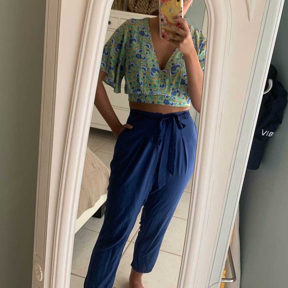 Blue/Yellow Flower Crop Top & Linen Pants Set